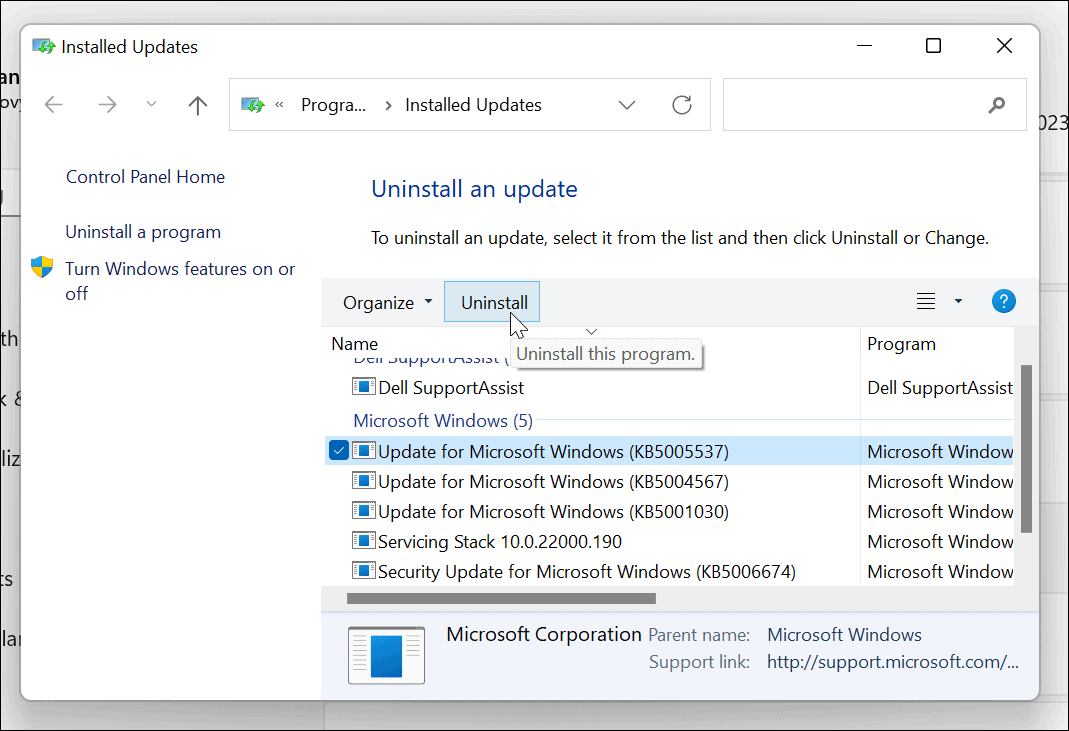 désinstaller la mise à jour cumulative windows 11