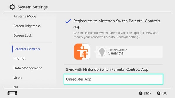 Cliquez sur Désenregistrer l'application pour dissocier le contrôle parental Nintendo Switch