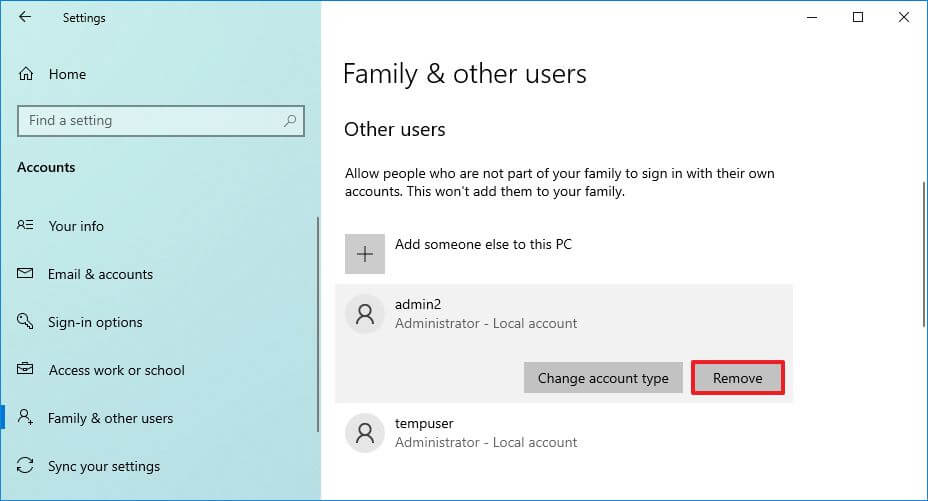 Option de suppression de compte Windows 10