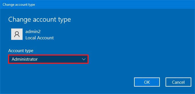 Changer le type de compte local sur Windows 10