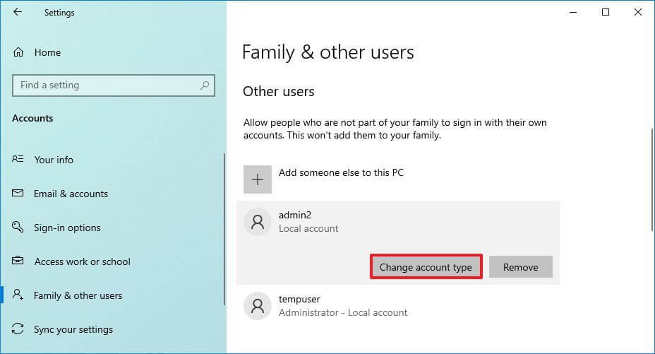 Modifier le type de compte dans les paramètres de Windows 10