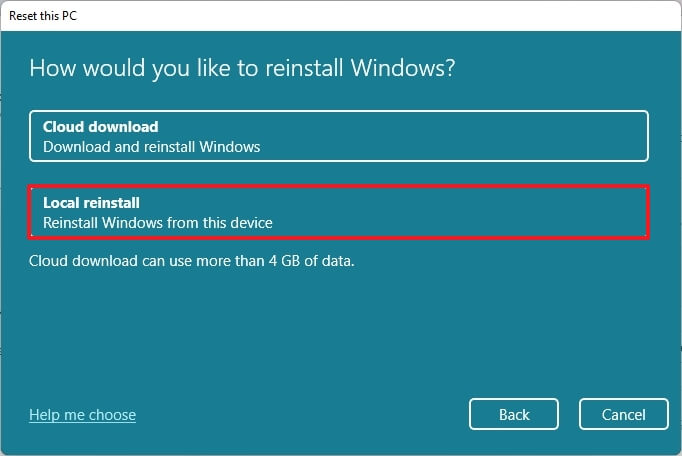 Option de réinstallation locale
