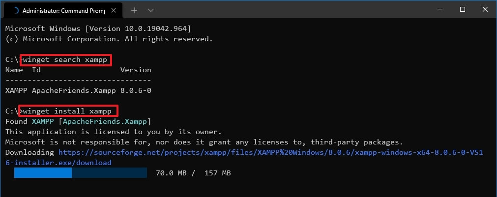 commande XAMPP d'installation de winget