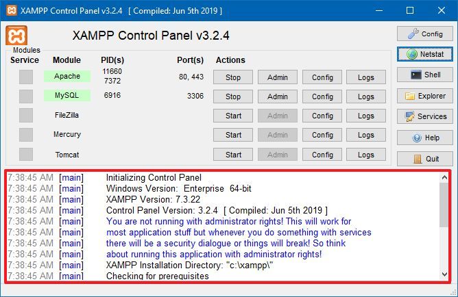 Journaux du panneau de configuration XAMPP