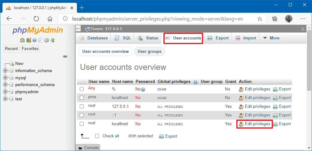 MySQL modifier les paramètres racine