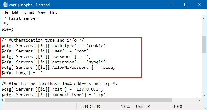 Config.inc.php Type d'authentification et informations
