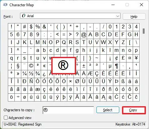 Table des caractères sur Windows 11