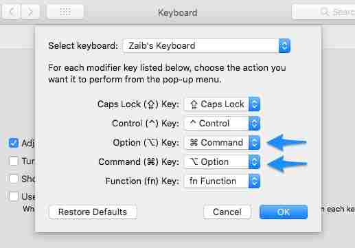 Définissez les touches de modification pour votre contrôle au clavier