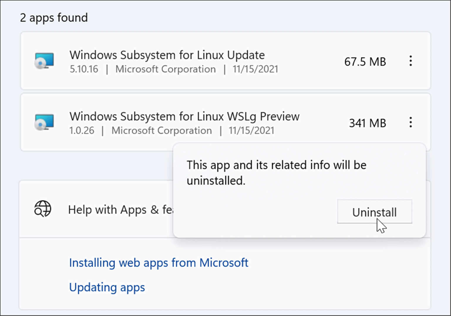 vérifier désinstaller Linux de Windows 11
