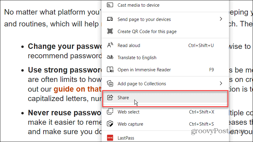 Option de partage Menu Microsoft Edge