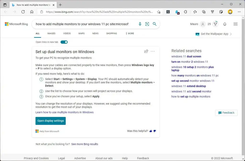 Bing "Aide avec" résultat de recherche