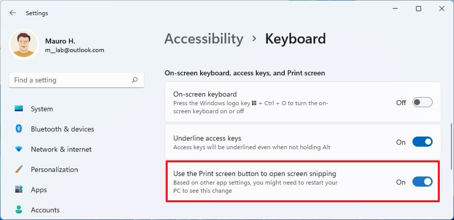 Réglage du bouton de l'écran d'impression de Windows 11
