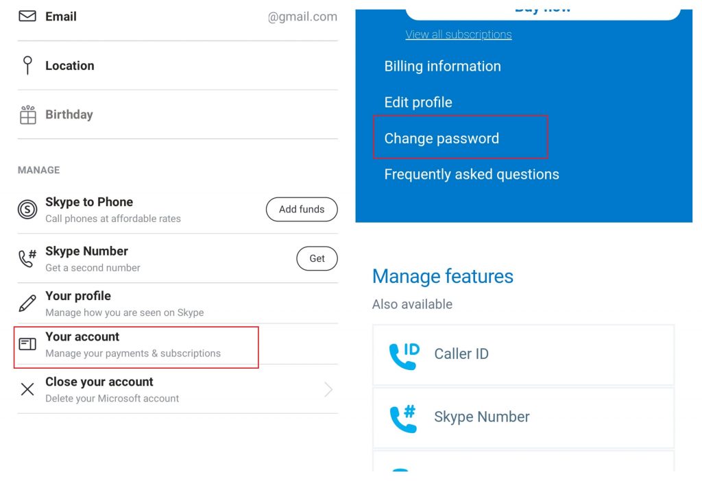 Changez votre mot de passe Skype sur l'application