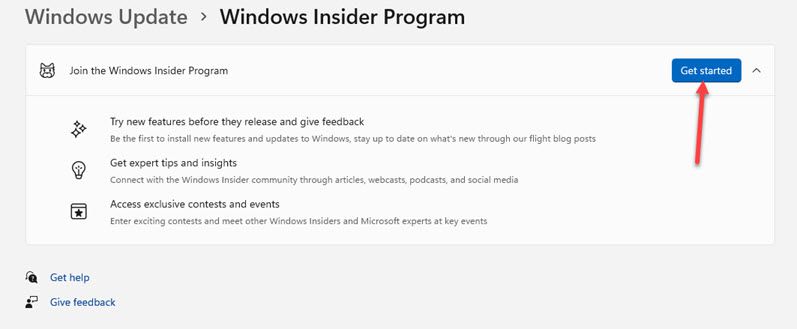 Cliquez sur Démarrer pour vous inscrire au programme Windows Insider