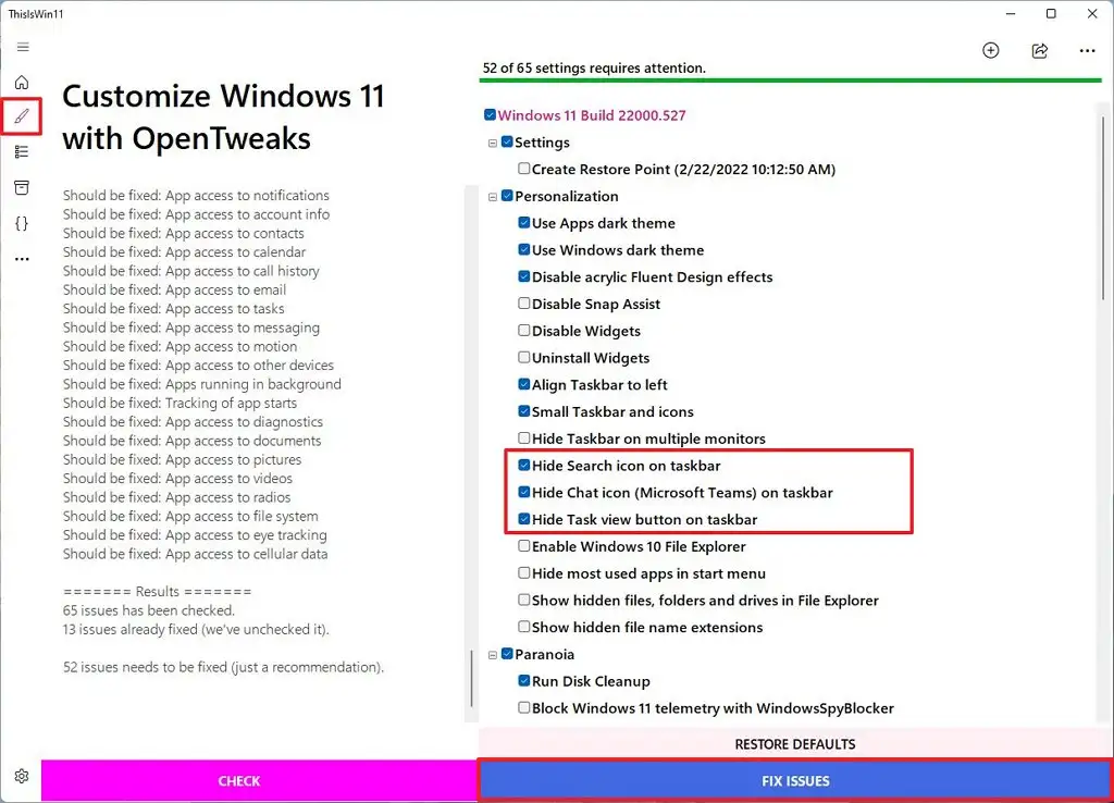 Paramètres de réglage de Windows 11