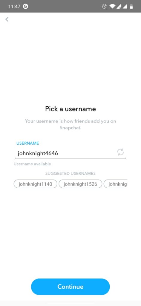 Sélectionnez un nom d'utilisateur sur Snapchat et cliquez sur continuer