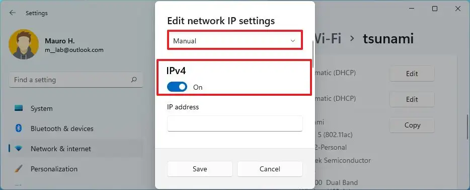 Option d'activation IP statique