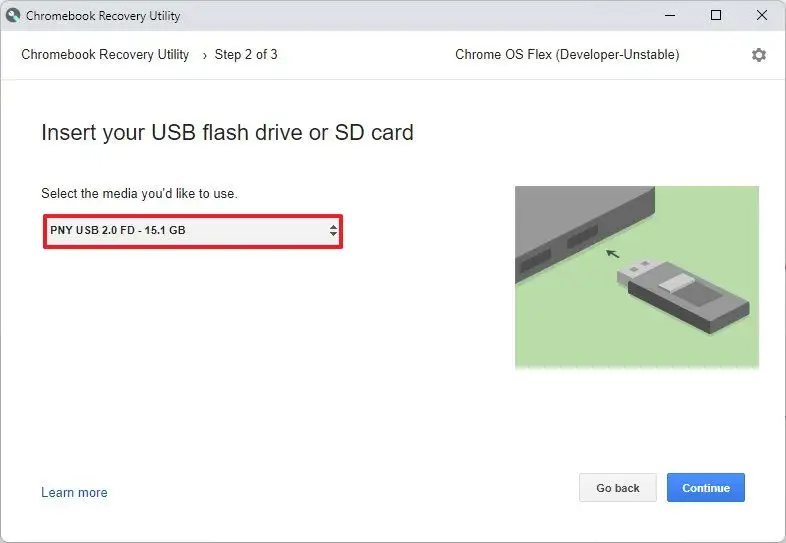 Sélectionnez USB pour créer un support Chrome OS Flex