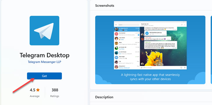Installez Telegram sur un PC Windows 11 en cliquant sur le bouton Obtenir