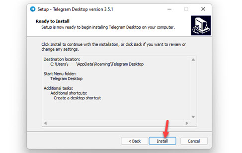 Cliquez sur Installer pour commencer à installer Telegram sur votre PC