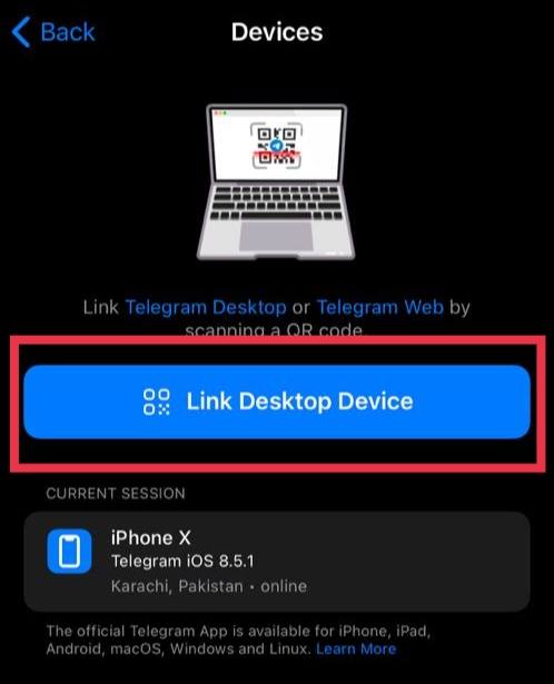 Associez un appareil de bureau en scannant le code QR sur Telegram Desktop