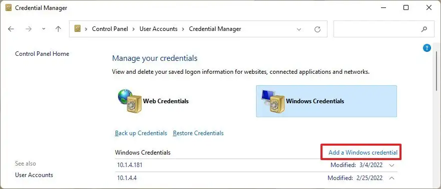 Ajouter l'option d'informations d'identification Windows