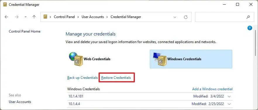Option de restauration des informations d'identification de Windows 11