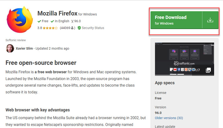 Obtenir Firefox à partir de sites Web tiers
