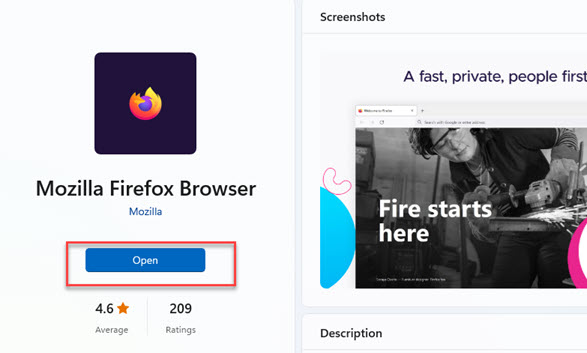 Cliquez sur Ouvrir pour lancer le navigateur Firefox