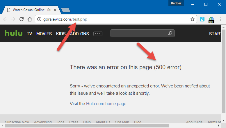 Le code d'erreur Hulu 500 s'affiche sur le navigateur Web