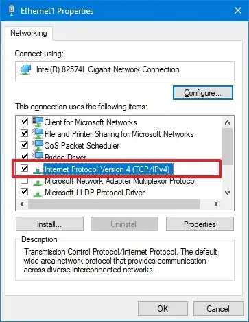 Propriétés Ethernet1 sur Windows 10