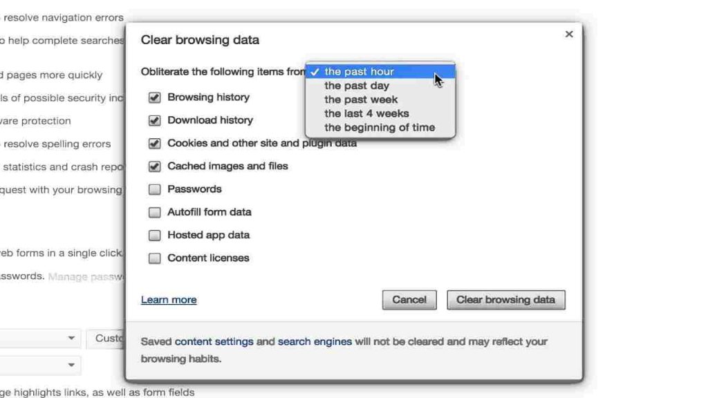 Option Effacer les données de navigation dans le navigateur Google Chrome