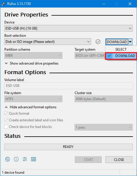Option de téléchargement ISO de Rufus Windows 10