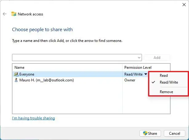 Autorisations de partage de fichiers Windows 11