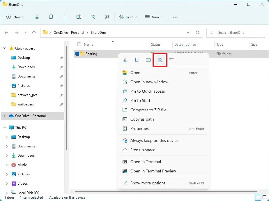 Option de partage de fichiers OneDrive sur Windows 11