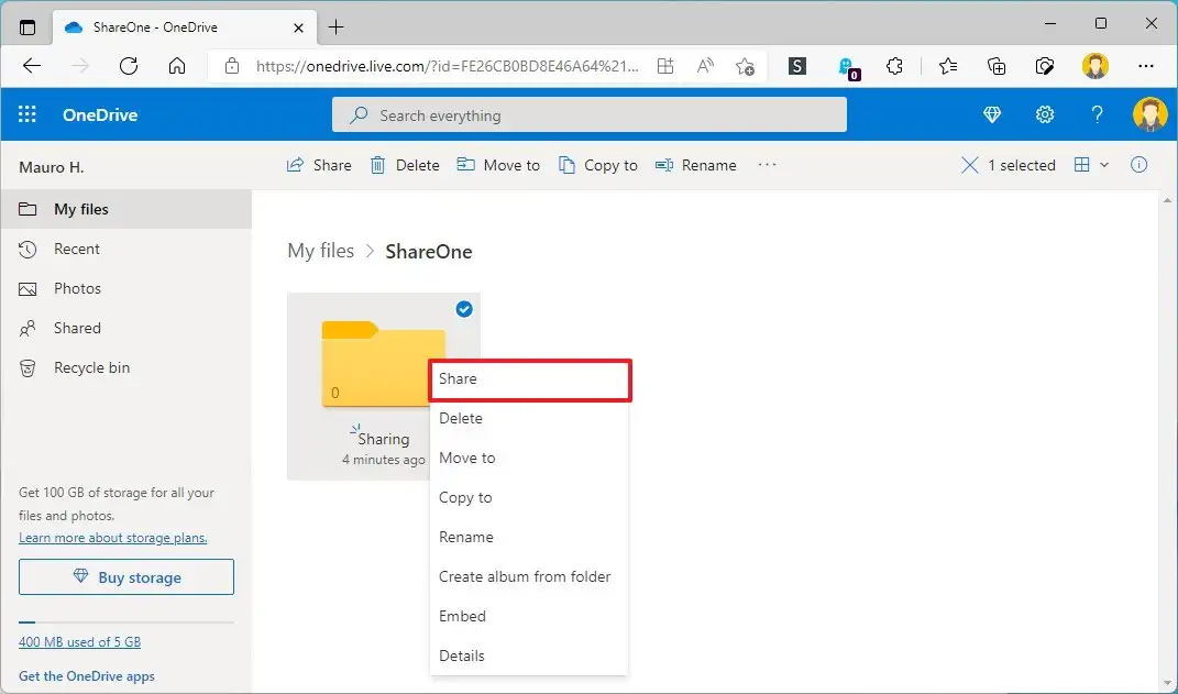 Option de partage Web OneDrive