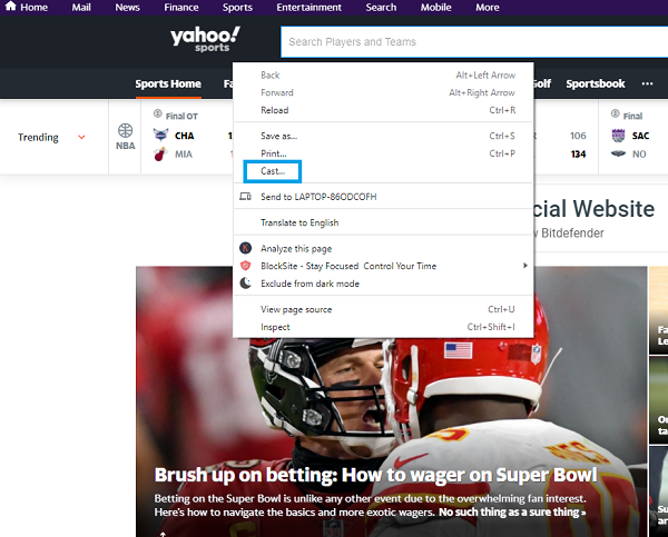 Chromecast Yahoo Sports à la télévision