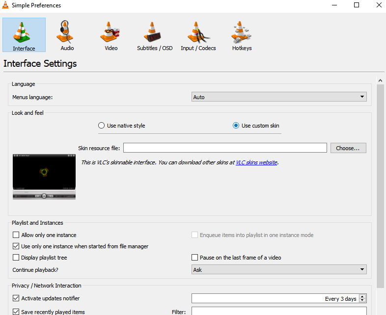 Sélectionnez l'option Custom Skin pour utiliser le mode sombre de VLC