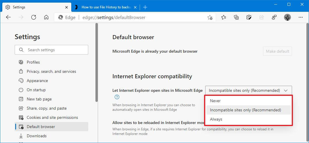 Laisser Internet Explorer ouvrir des sites dans Microsoft Edge