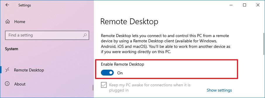 Activer le bureau à distance sur Windows 10