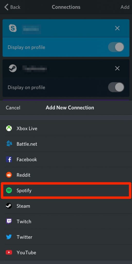 Connectez Spotify à Discord - Sélectionnez Spotify