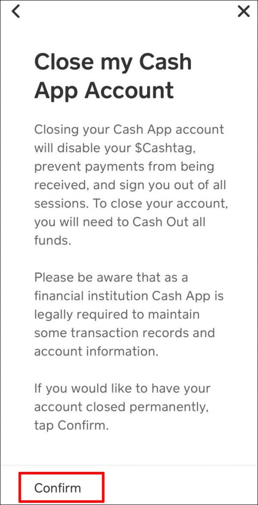 Comment supprimer un compte Cash App - cliquez sur Confirmer