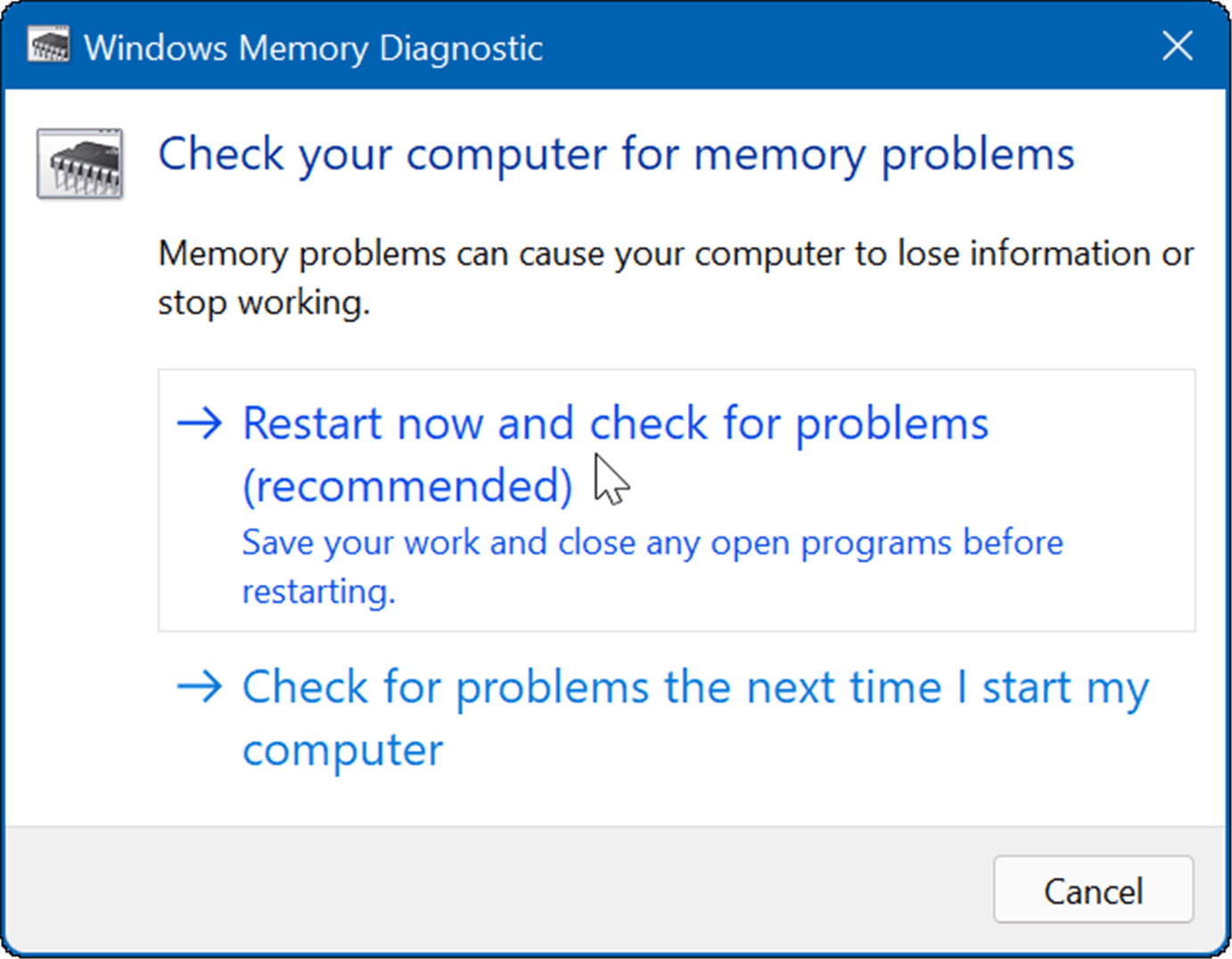 redémarrage et vérification du diagnostic de la mémoire Windows