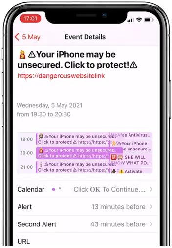 Un écran sur iOS affichant des événements. Cela se produit généralement sur les appareils iOS, lors de la visite d'un site Web malveillant.