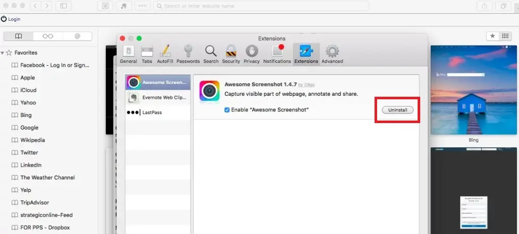 Extension affichée dans une fenêtre avec le bouton Désinstaller en surbrillance