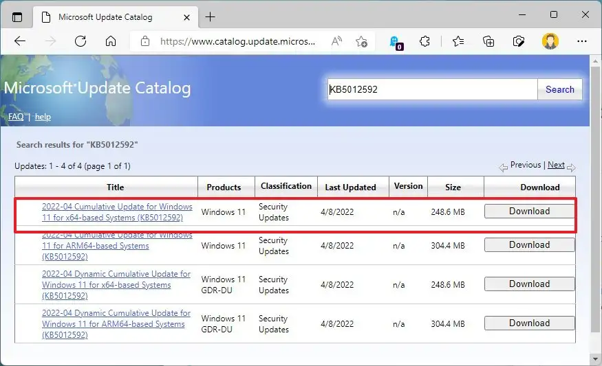 Catalogue de mise à jour Microsoft