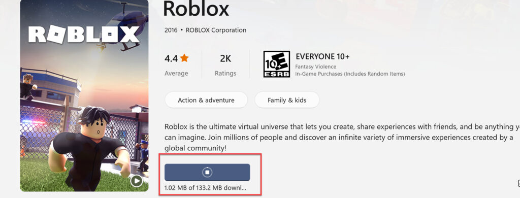 Roblox se télécharge depuis le Microsoft Store
