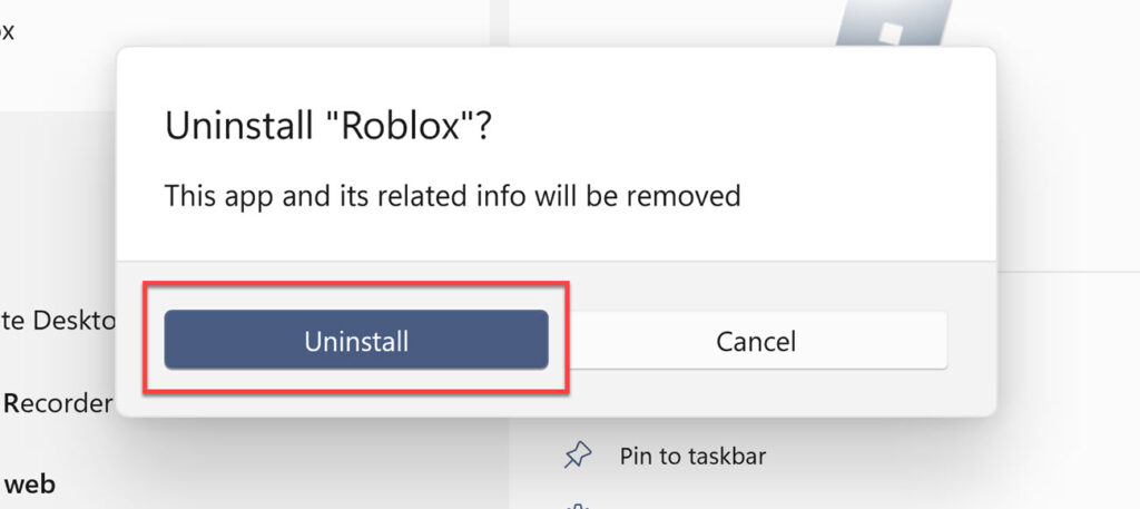 Cliquez à nouveau sur Désinstaller pour supprimer Roblox de votre PC Windows 11