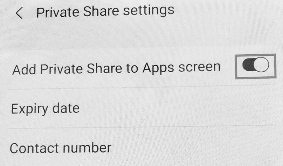 Pour ajouter un partage privé sur les téléphones Samsung Galaxy, activez le "Ajouter un partage privé à l'écran des applications" option.