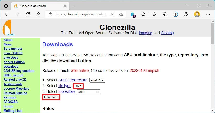 Téléchargement ISO de Clonezilla